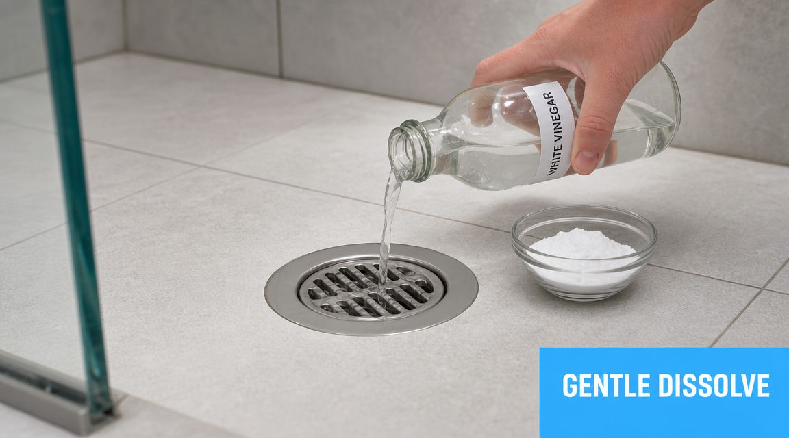 A hand pouring white vinegar into a shower drain next to a bowl of baking soda.