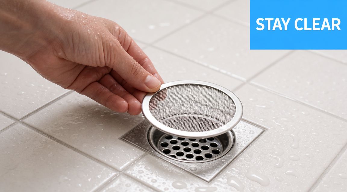 A person placing a mesh hair catcher over a shower drain on a wet tiled floor.