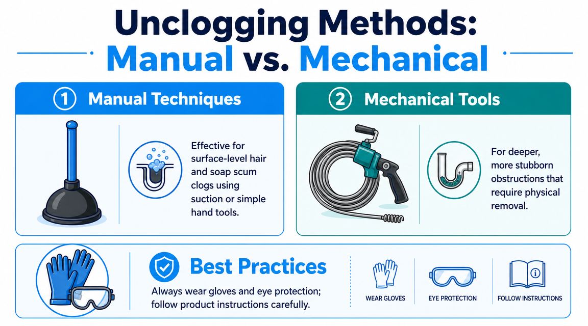 An infographic comparing manual plunger techniques and mechanical drain snakes for cleaning out a shower drain.