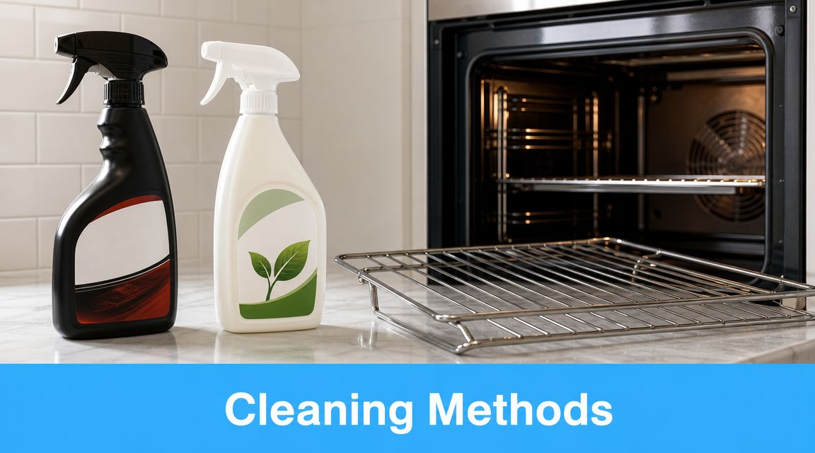 A professional cleaning service setup featuring two cleaning spray bottles next to an oven and a rack.