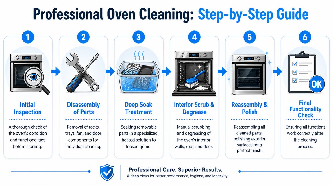 A six-step infographic illustrating the professional oven cleaning process, from inspection and disassembly to final functional checks.