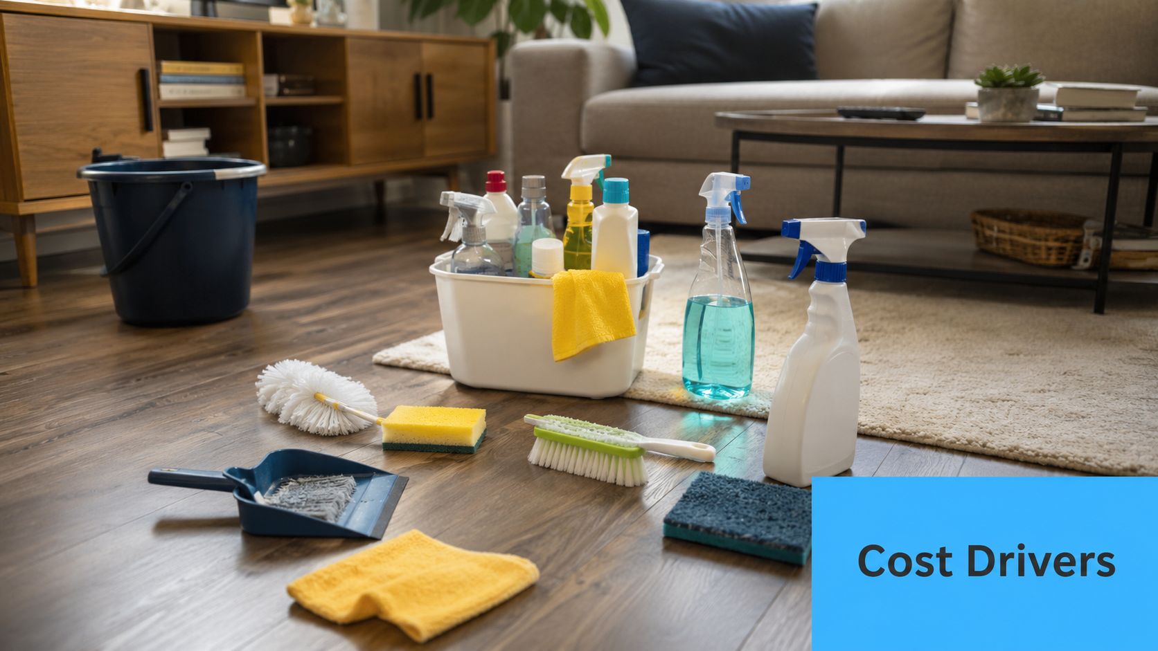 Cleaning supplies, bucket, and brushes arranged on a living room floor for a deep cleaning session.
