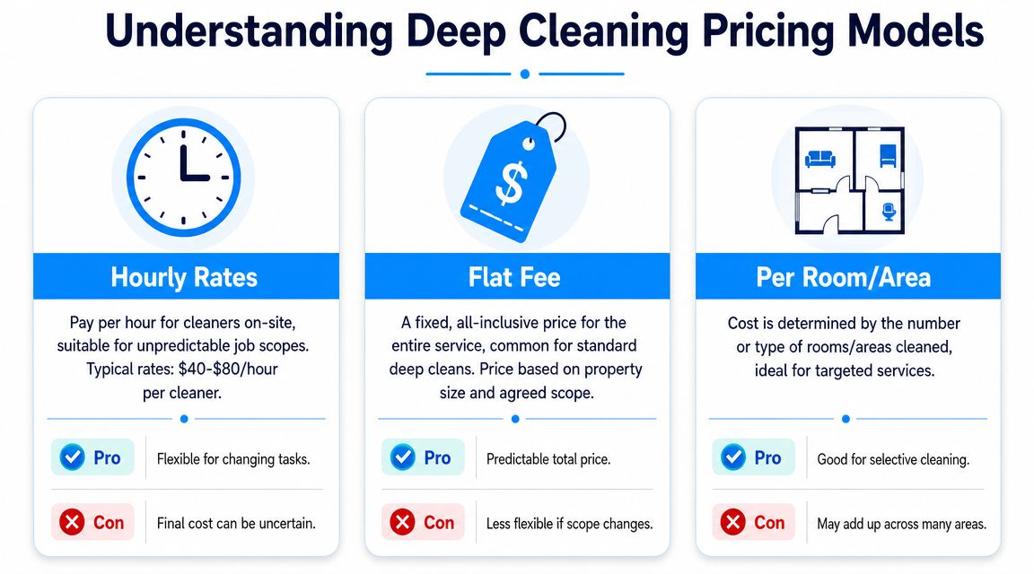 A comparison chart showing three common deep cleaning pricing models: hourly rates, flat fees, and per room pricing.