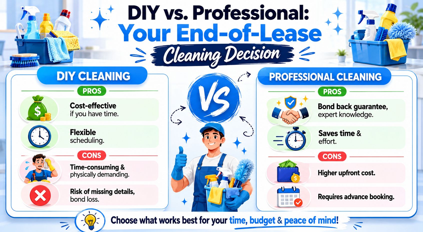 A comparison infographic between DIY and professional end-of-lease cleaning, highlighting pros and cons of each option.