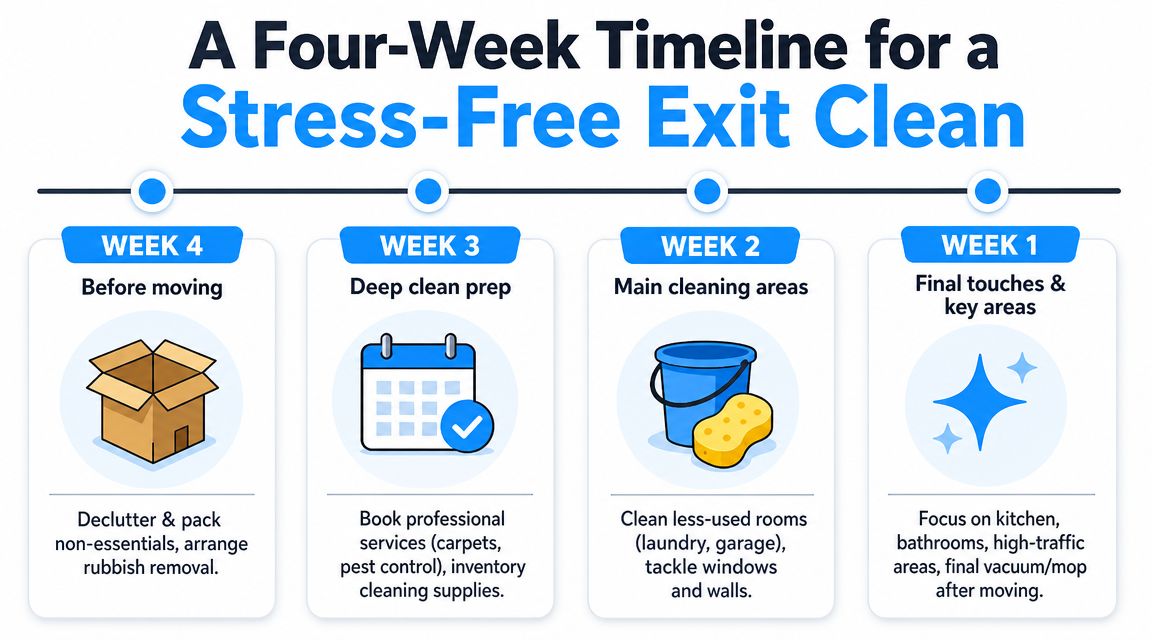 A four-week timeline infographic outlining the steps for a stress-free exit clean when moving house.
