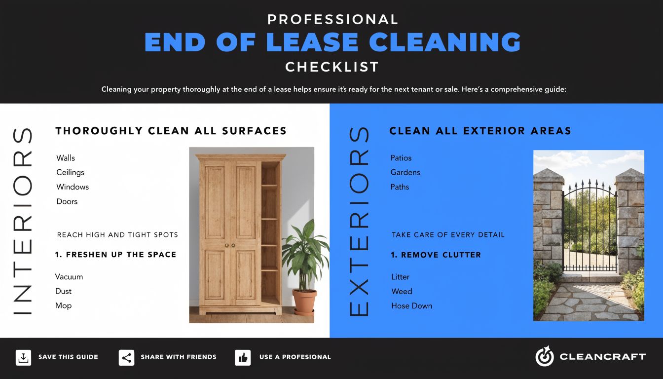 A professional end of lease cleaning checklist infographic covering interior surface cleaning and exterior maintenance tips.