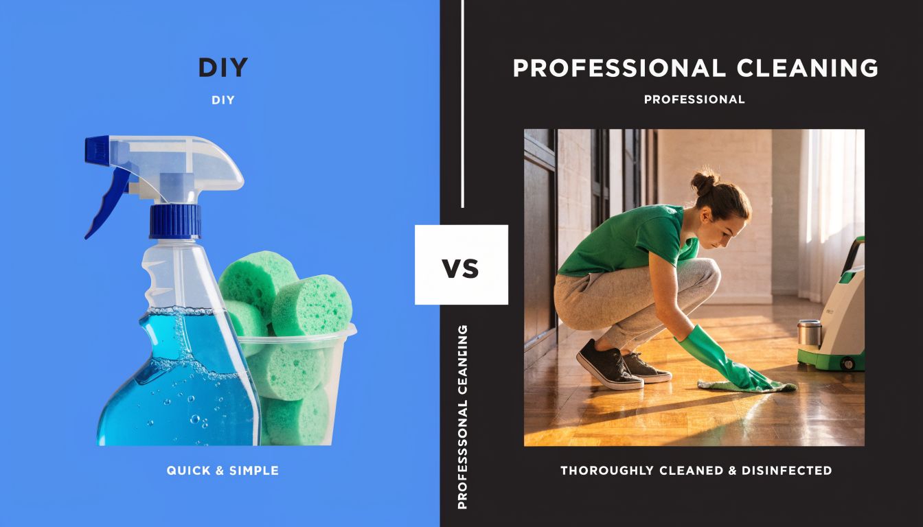 A split image comparing DIY cleaning supplies with a professional cleaner scrubbing a floor.