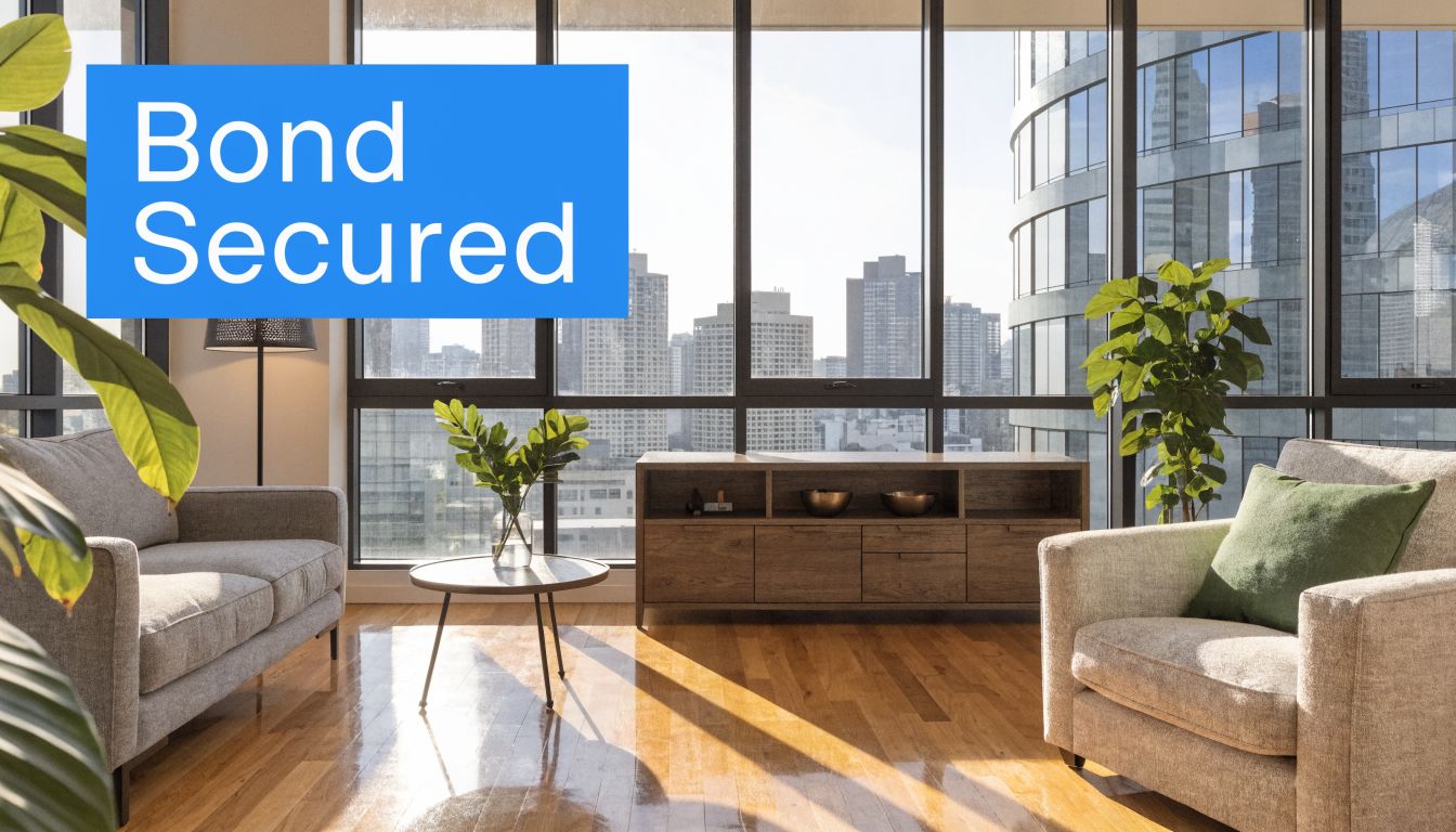 A modern living room with large windows overlooking a city skyline, featuring comfortable furniture and indoor plants.