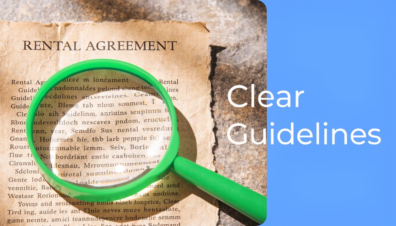 A green magnifying glass focused on a piece of aged paper titled Rental Agreement with blurred text.