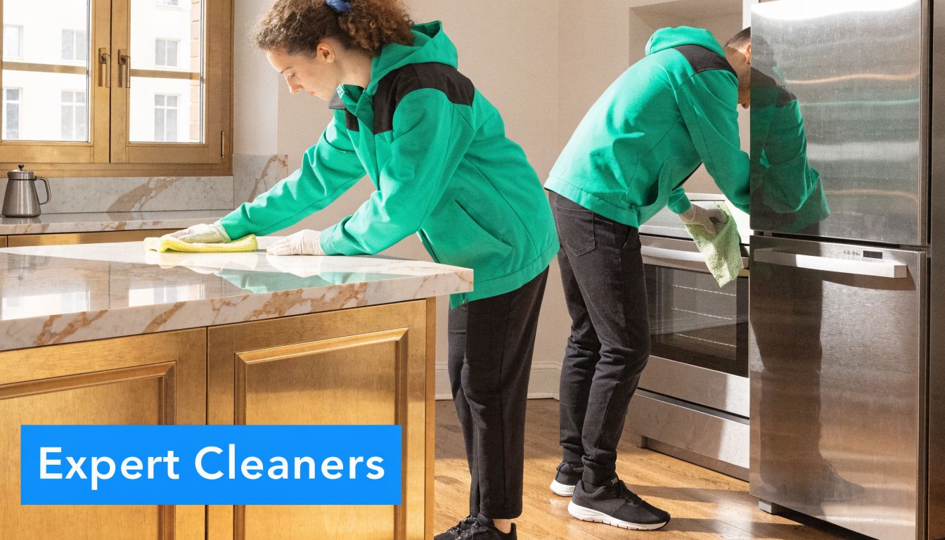 Two professional cleaners in green uniforms cleaning a kitchen counter and oven in a modern house.