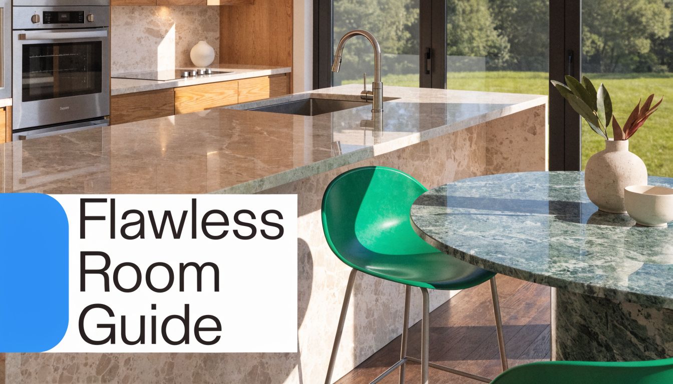A modern kitchen interior featuring a marble island, green chairs, and a sleek dining table set.