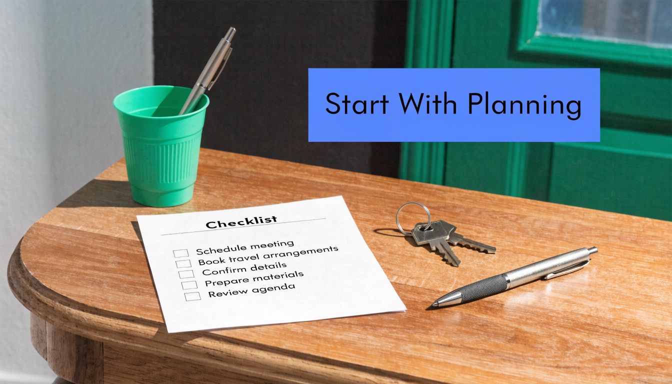 A checklist on a wooden table with a pen and keys, representing planning for moving tasks.