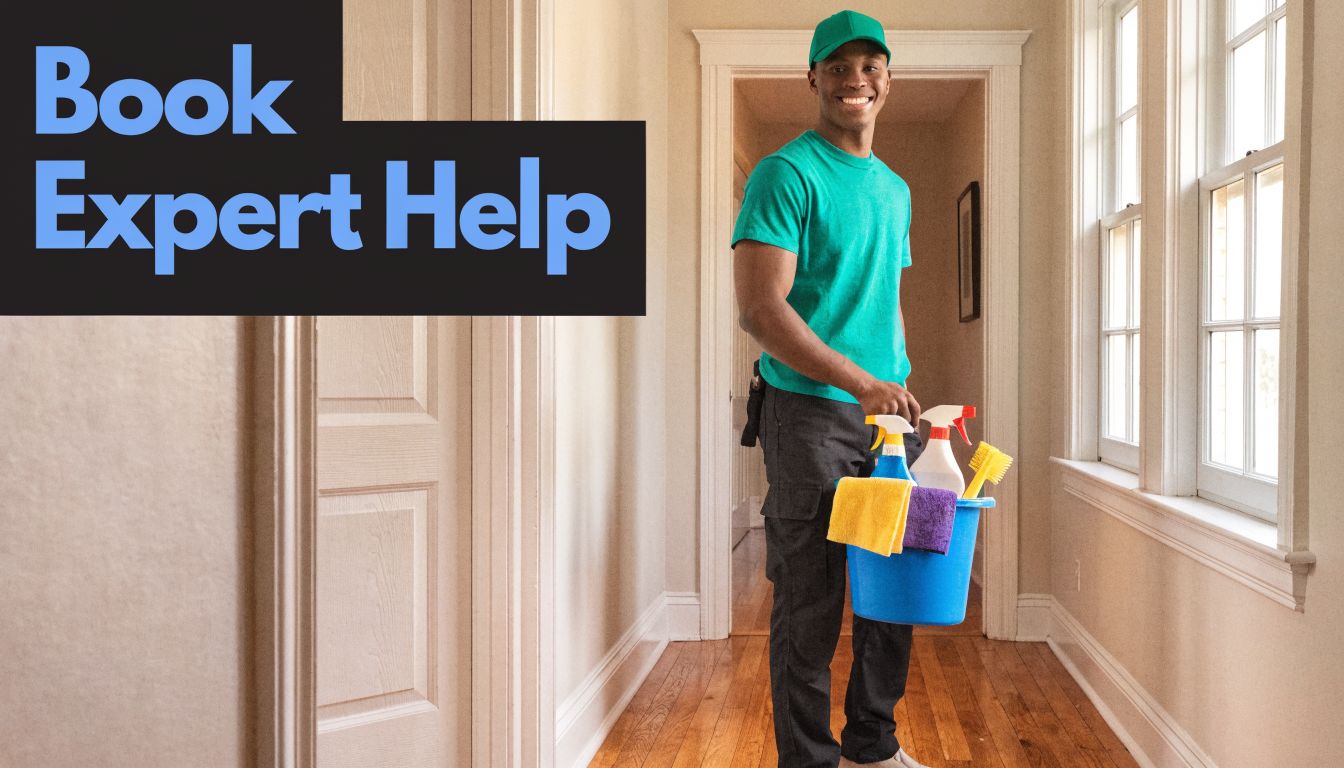 A professional cleaner wearing a teal uniform holding a bucket with cleaning supplies in a hallway.