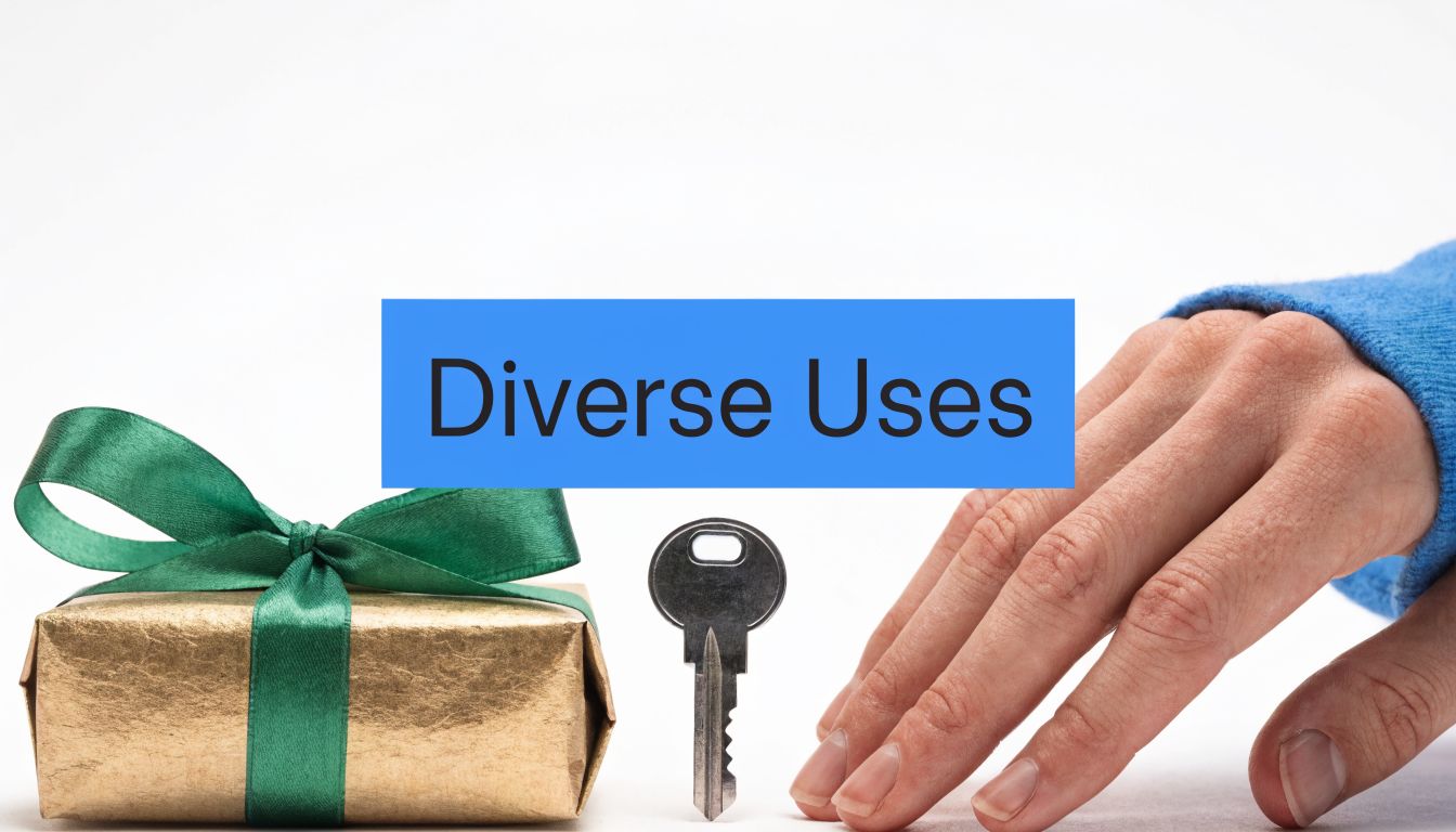 A hand reaching for a gold gift box with a green ribbon and a house key.