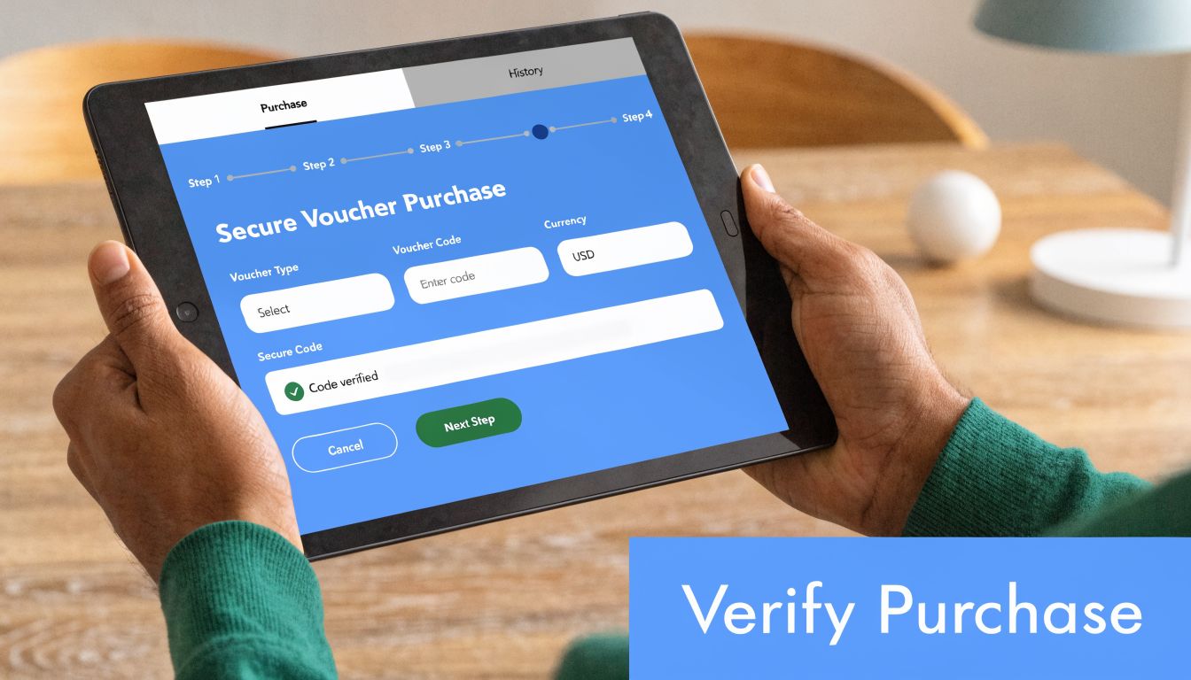 A person holding a digital tablet displaying an online secure voucher purchase form in a bright room.