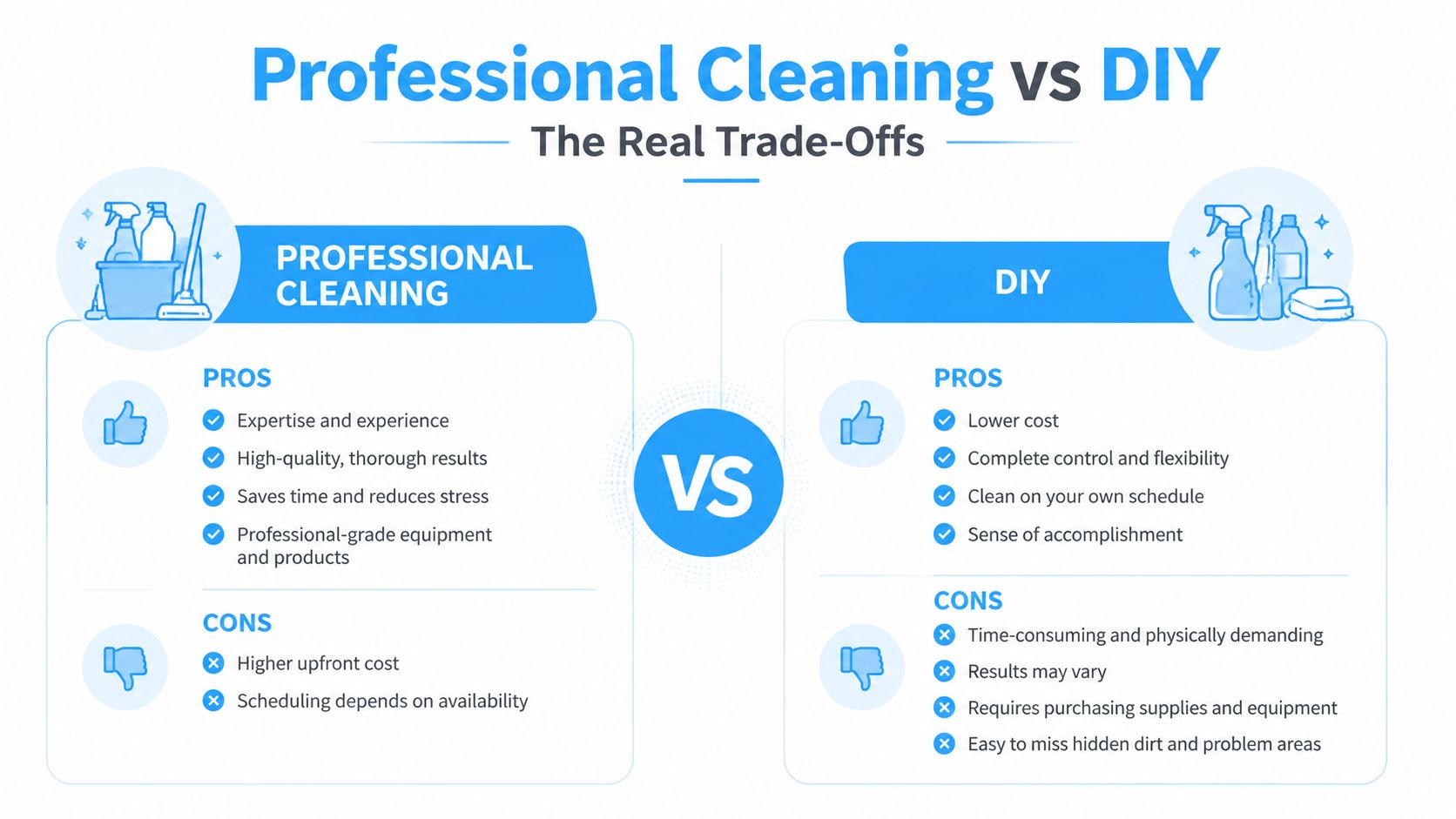 A comparison chart outlining the pros and cons of professional cleaning services versus DIY home cleaning methods.