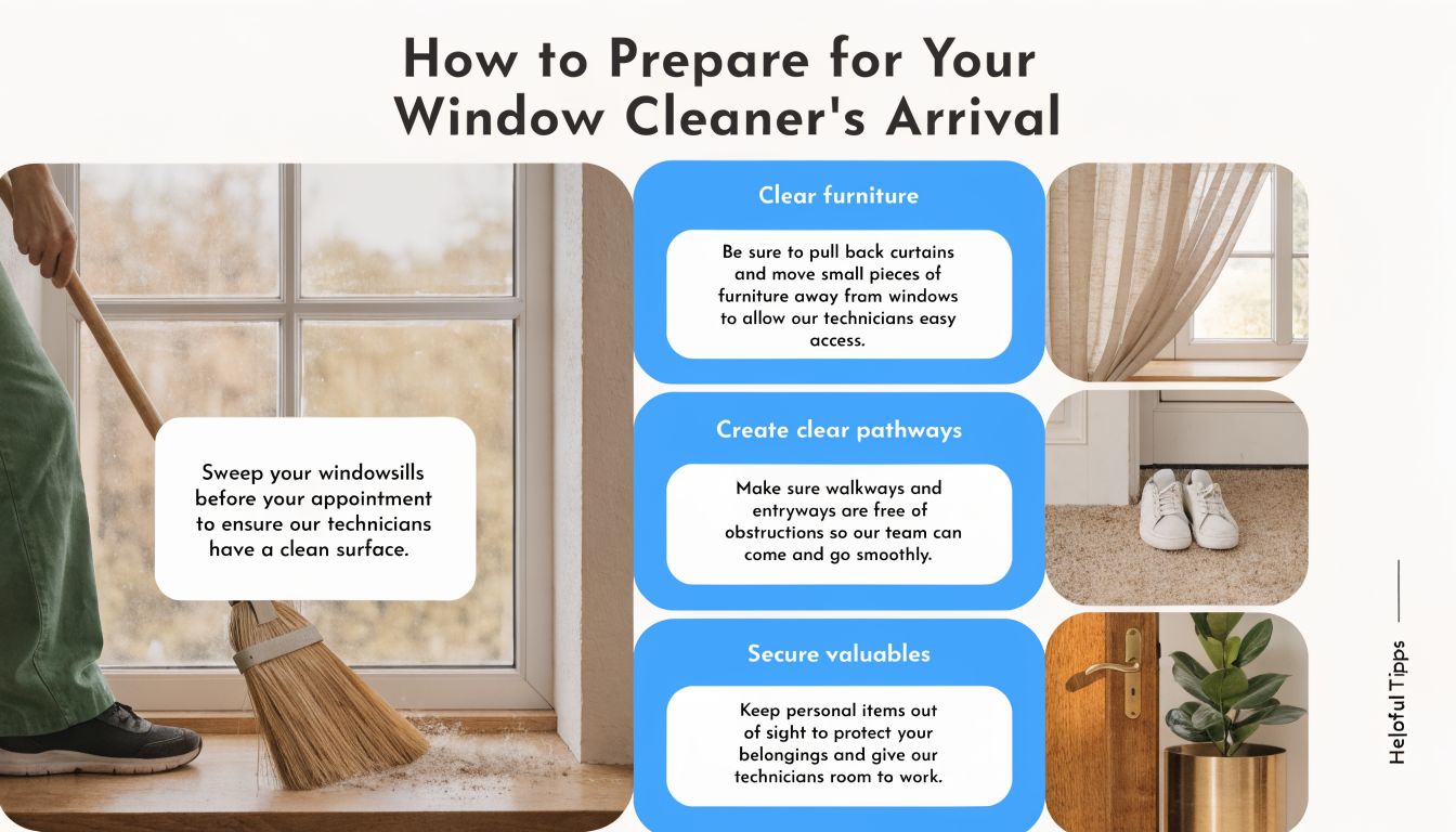 A helpful infographic outlining three simple steps for homeowners to prepare their home for a professional window cleaning service.