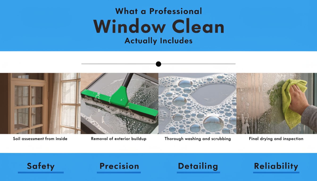 A professional window cleaning service process infographic detailing steps from soil assessment to final drying and inspection.