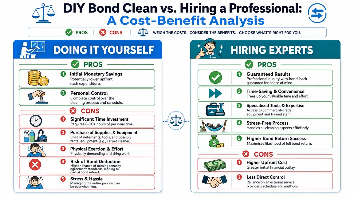 A comparative infographic outlining the pros and cons of DIY bond cleaning versus hiring professional cleaning services.