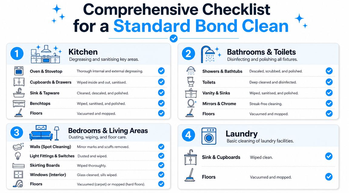 A comprehensive bond cleaning checklist detailing essential cleaning tasks for kitchens, bathrooms, living areas, and laundry rooms.