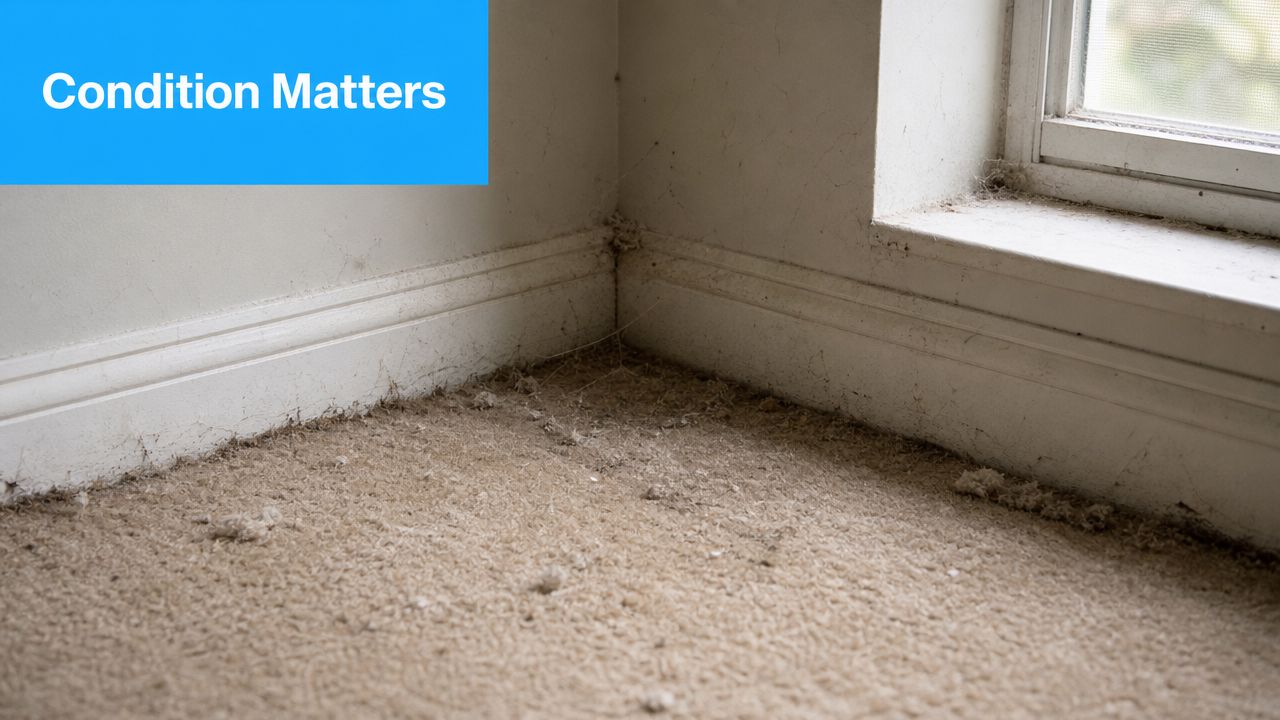 A dirty room corner with accumulated dust, cobwebs, and carpet debris near a window and baseboards.