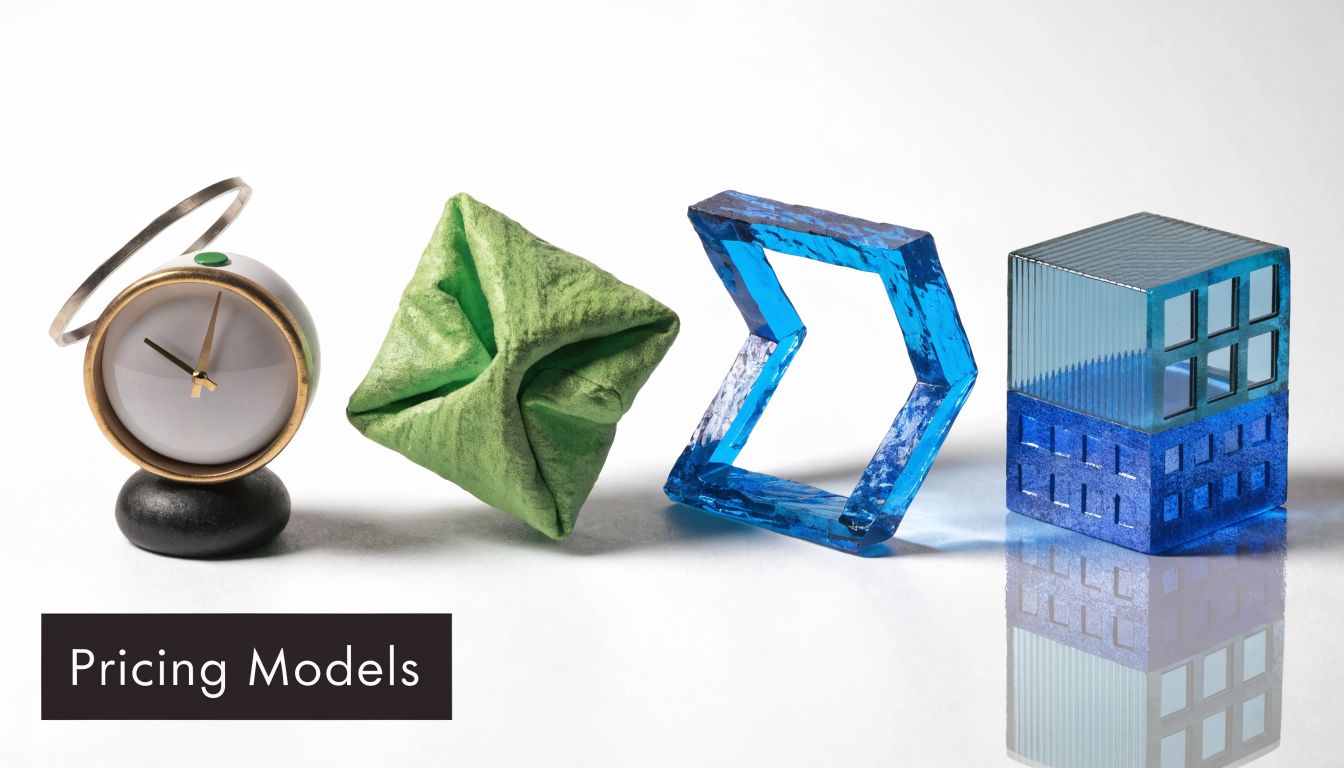 Conceptual art piece showing four abstract objects on a white surface with the text Pricing Models