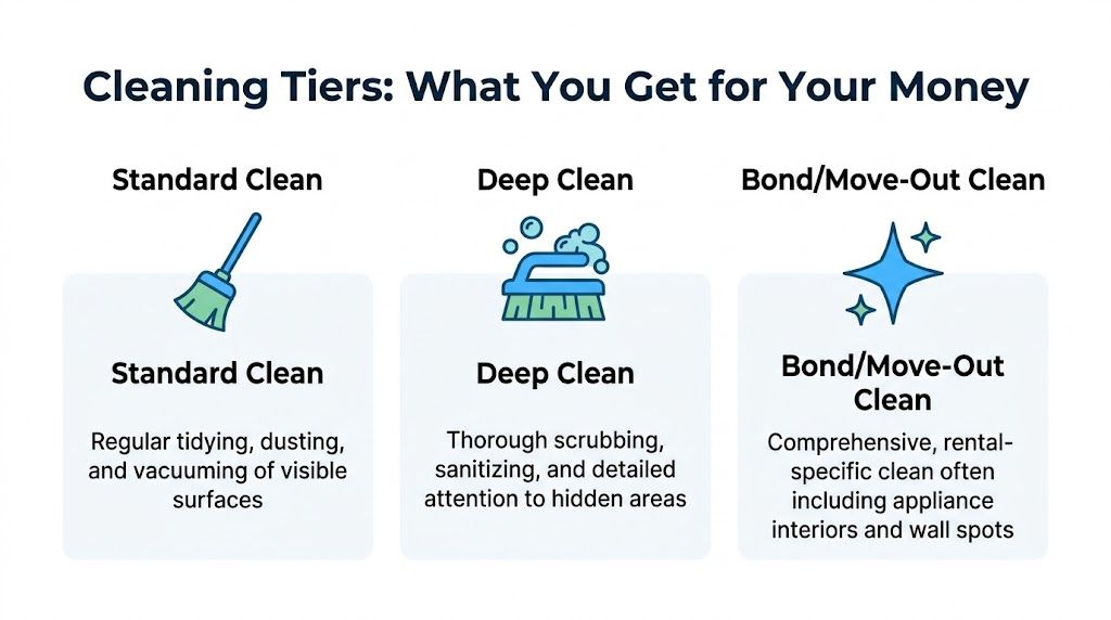 A graphic comparing three residential cleaning service tiers including standard, deep, and bond move-out cleaning options.