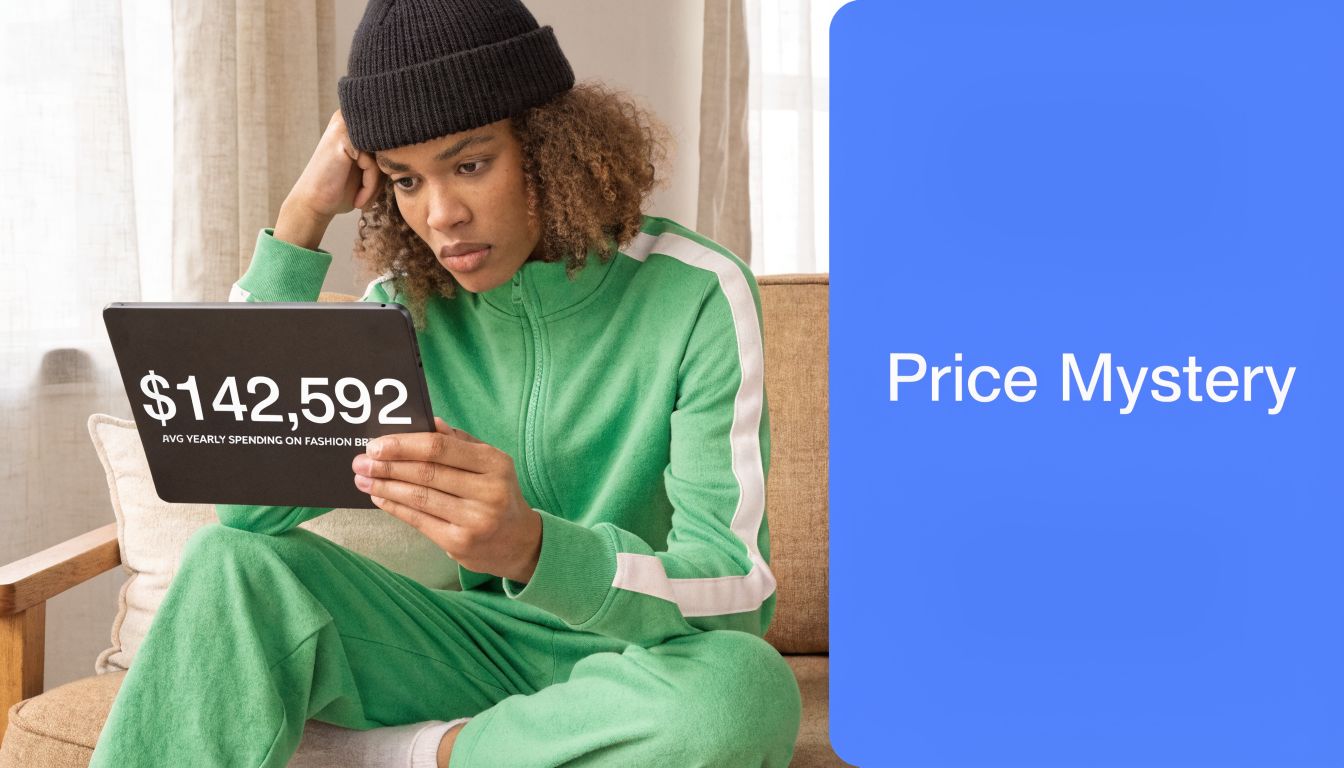A person wearing a green tracksuit and beanie looking pensively at a tablet displaying a large monetary figure.