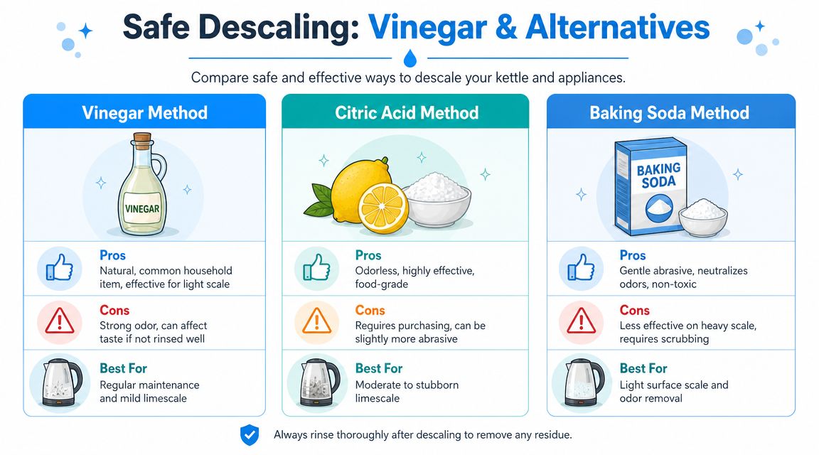 An infographic showing three safe ways to descale a kettle using vinegar, citric acid, or baking soda.