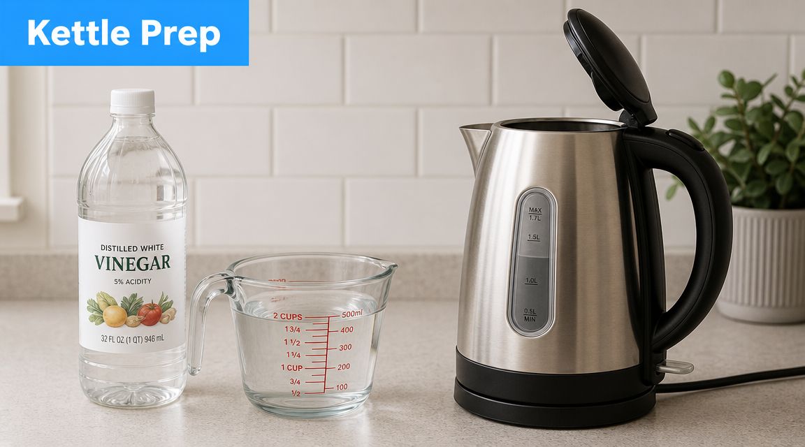 Distilled white vinegar bottle, measuring cup of water, and electric kettle sitting on a kitchen counter.