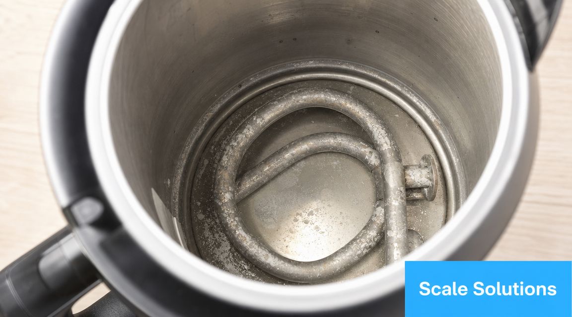 A view inside an electric kettle showing significant limescale buildup on the metal heating element surface.