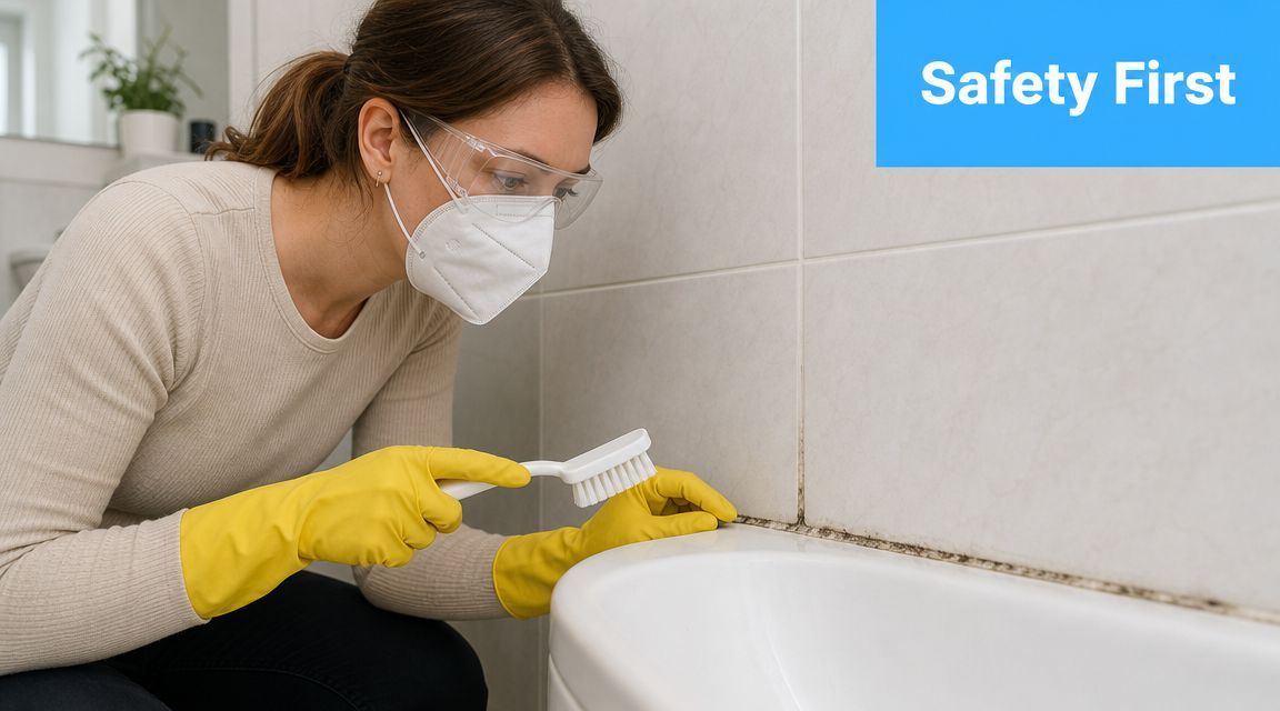 A woman wearing protective gear scrubs mould off a bathroom silicone seal with a cleaning brush.