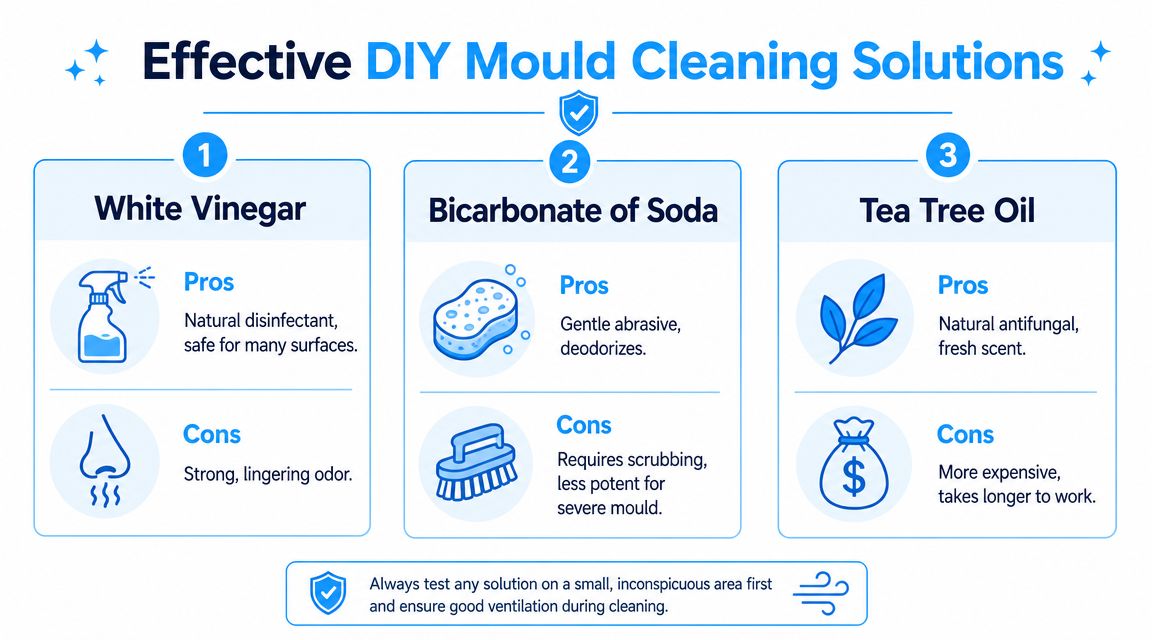 An infographic showing effective DIY mould cleaning solutions including white vinegar, bicarbonate of soda, and tea tree oil.
