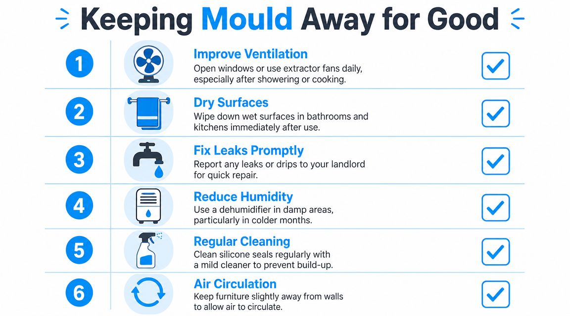An infographic titled Keeping Mould Away for Good listing six numbered tips for preventing home mould growth.