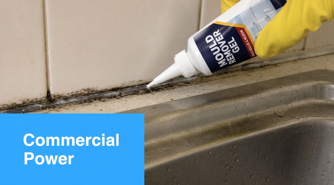 A hand wearing a yellow glove applies mould remover gel to dirty silicone sealant on a sink.