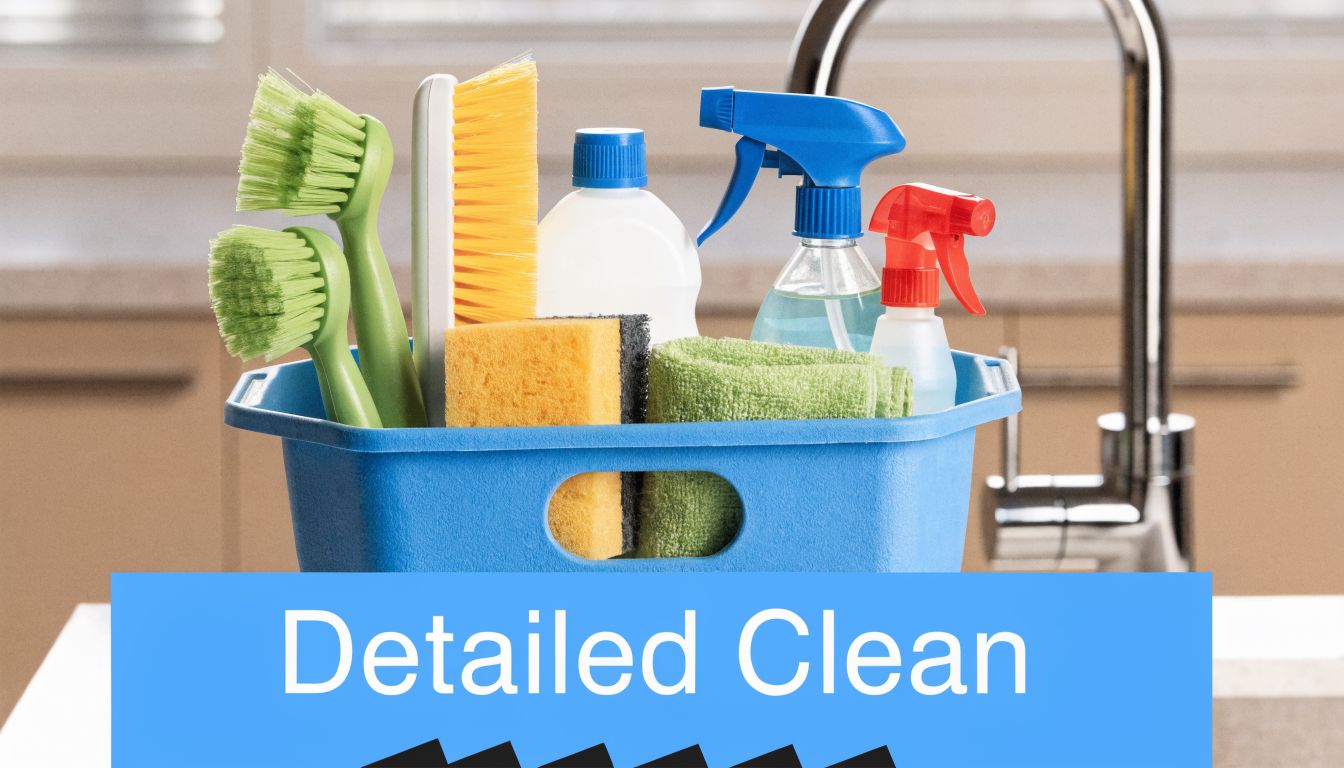 A blue plastic caddy filled with various cleaning supplies including brushes, sponges, and spray bottles in a kitchen.