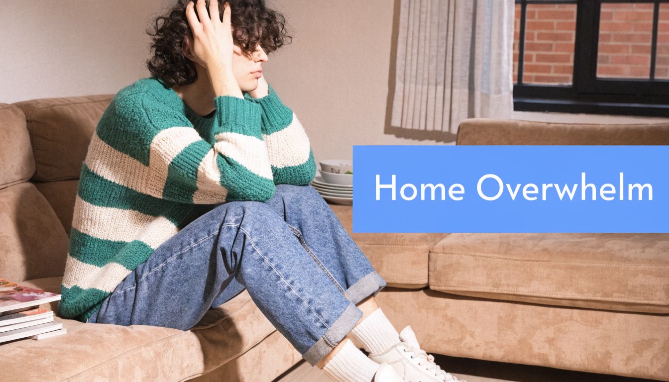A person sitting on a sofa looking overwhelmed with their head in their hands at home.