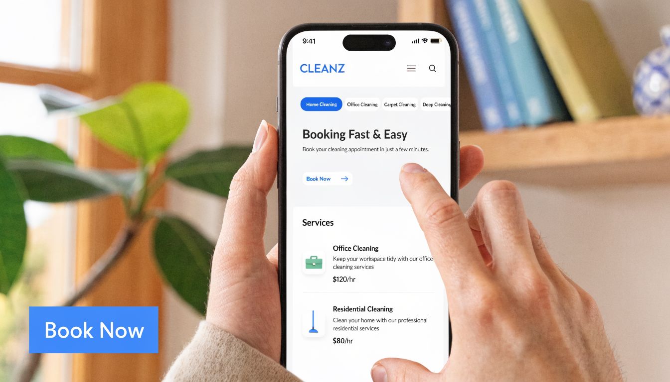 A person holding a smartphone displaying the Cleanz app to book cleaning services online.