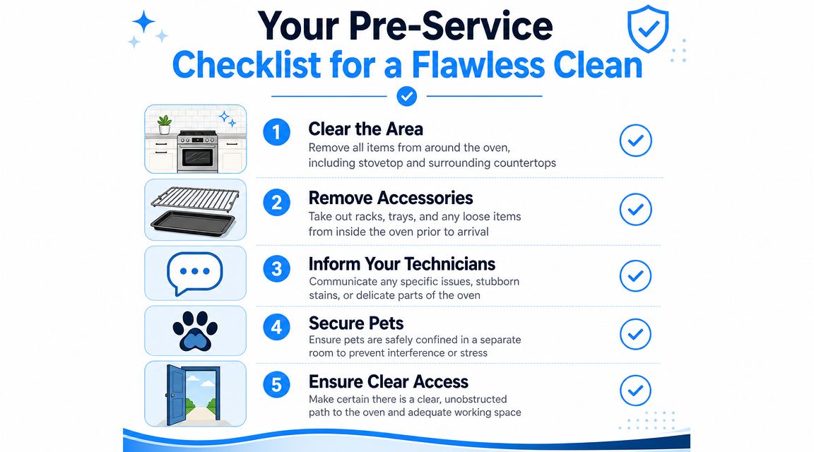 A checklist for preparing your home for a professional oven cleaning service with five numbered steps.
