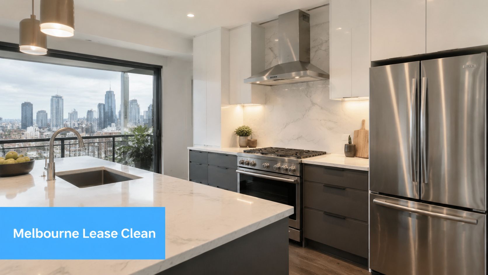 A modern kitchen with marble countertops, stainless steel appliances, and a beautiful city skyline view.