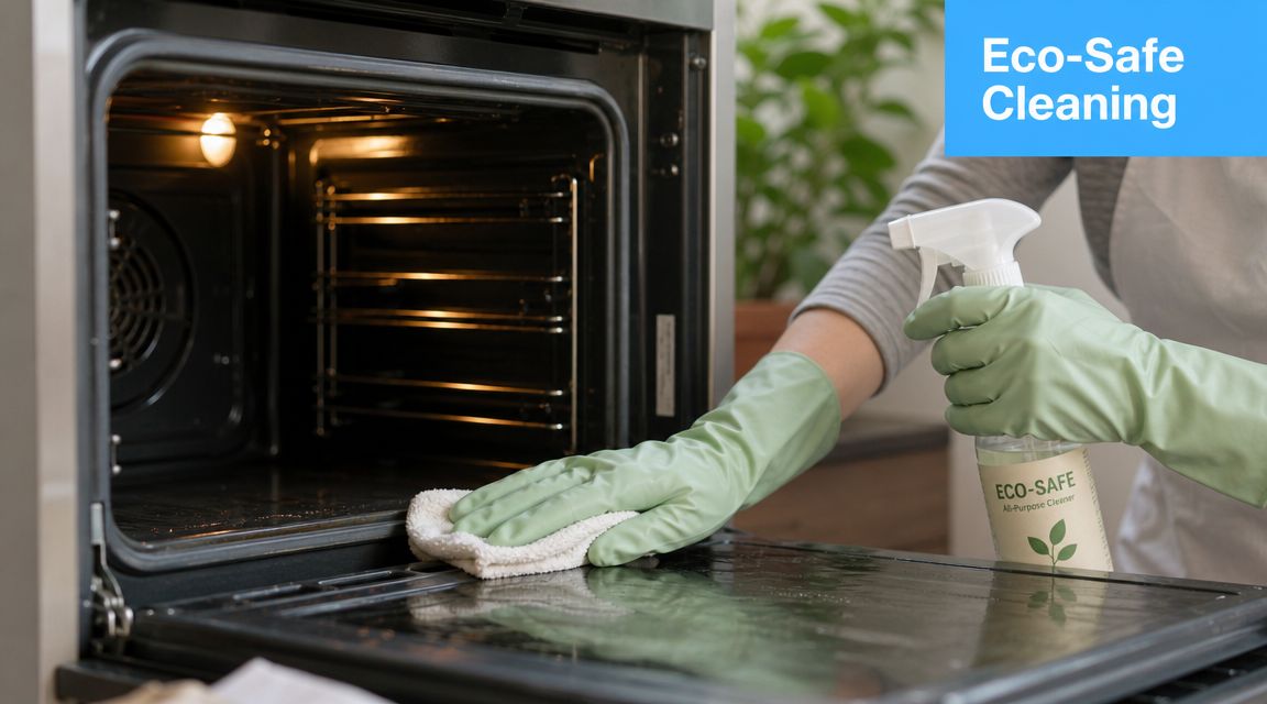 A person wearing protective gloves cleans an oven door with a cleaning spray and a white cloth.