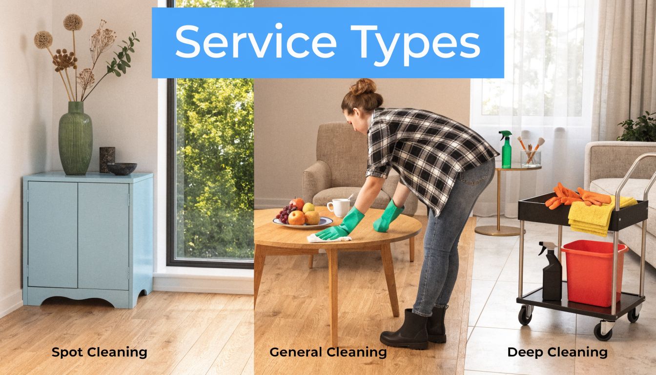 A professional cleaner in gloves wiping a wooden table inside a bright, modern living room interior.