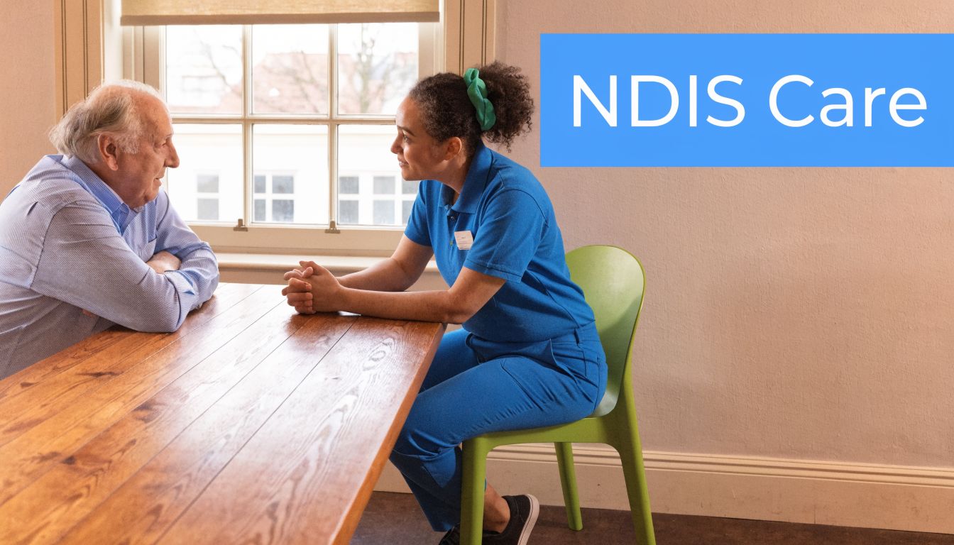 A professional caregiver wearing blue scrubs talks kindly to an elderly man sitting at a wooden table.